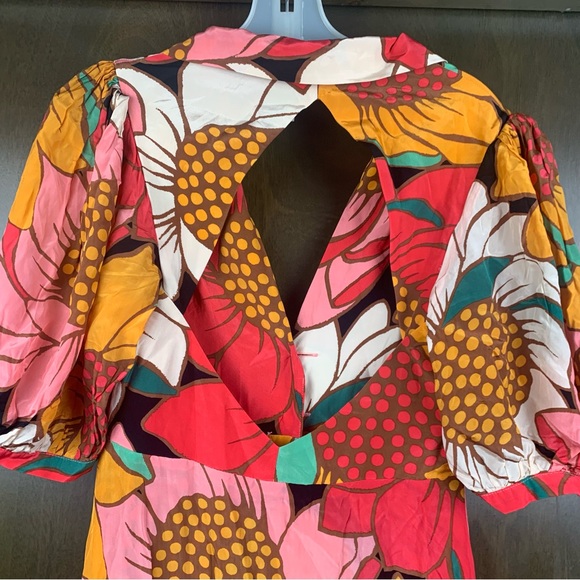 Farm Rio size small pink orange floral midi dress tropical cottage sunflower - Picture 13 of 15